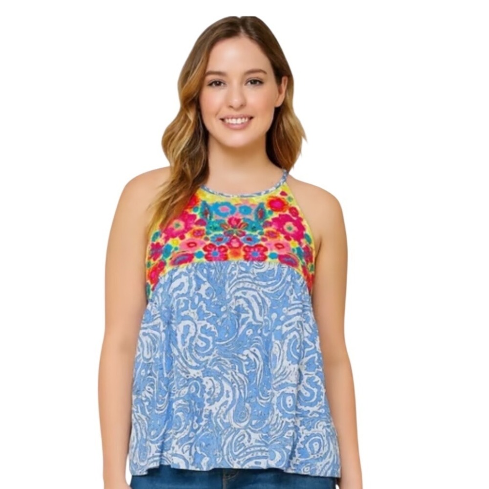 THML Womens Embroidered Floral Halter Top Blue Paisley Mixed Print Tassel Medium